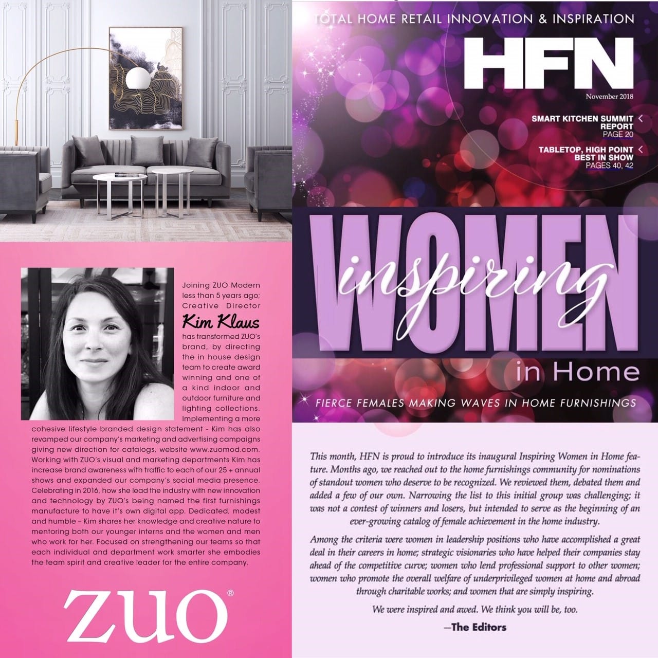 ZUO's Creative Director Kim Klaus, named finalist for HFN Top Women in Home